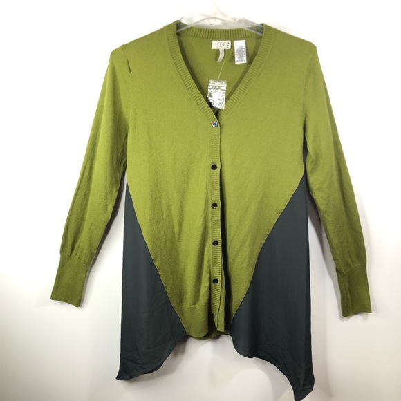 LOGO By Lori Goldstein Green Shark Bite Cardigan - Picture 1 of 4